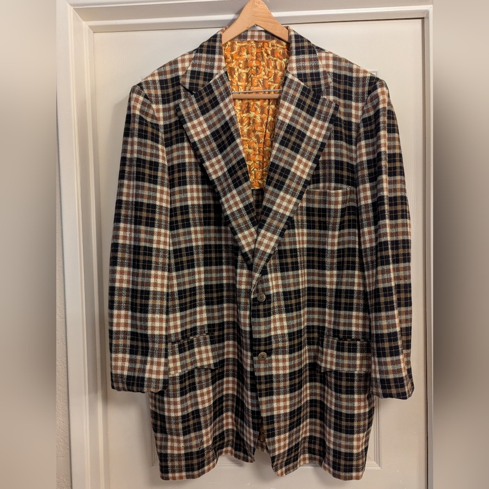 Vintage Men's Groshire The Helmsman Plaid Blazer Black, Brown, Cream And Orange